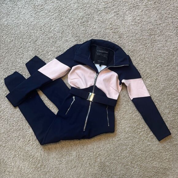 Cordova Alta Ski Suit Women’s Ski Jumpsuit Colorblock Chevron Small Navy Pink - Picture 1 of 10